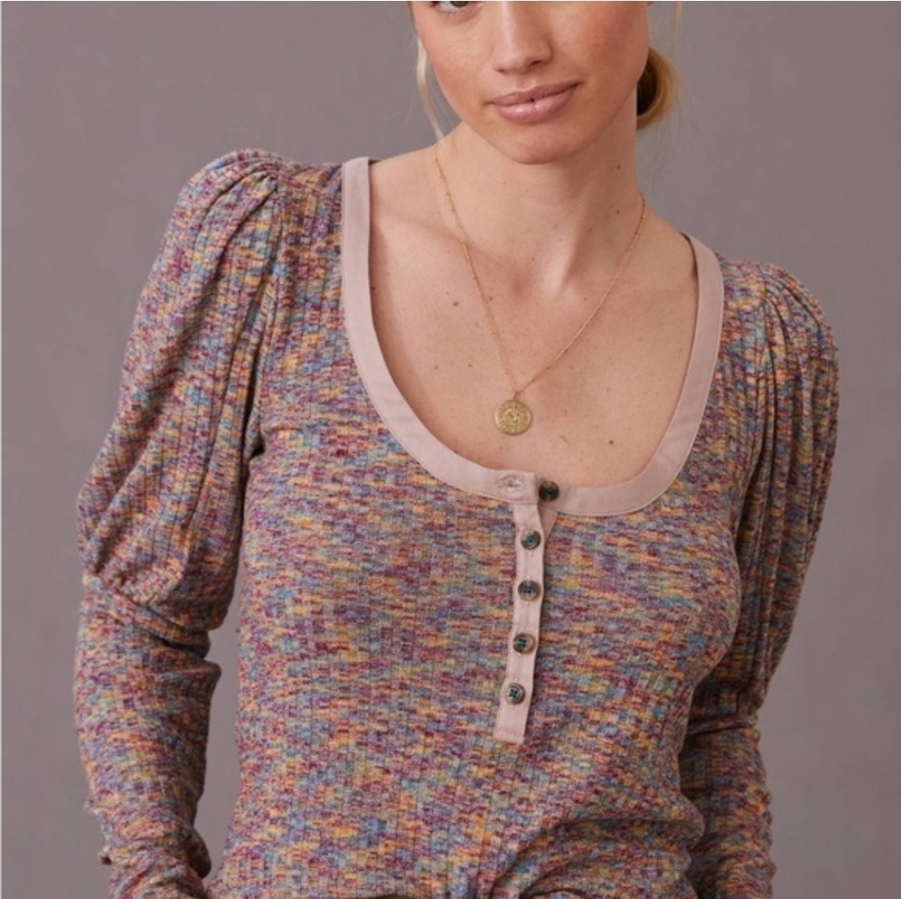 Anthropologie, Puff-Sleeved Knit Henley Top Multicolor Button-Down Sz S